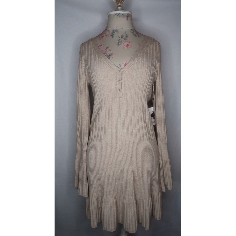 Daily Practice Anthropologie Ribbed Mini Dress Creme Open Back Bell Sleeve Sz M